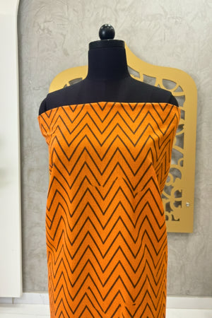 Vibrant Orange & Black Chevron Print Chanderi Unstitched Dress Material