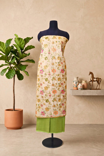 Beige Floral Silk Banarasi Resham Weave Unstitched Suit Material