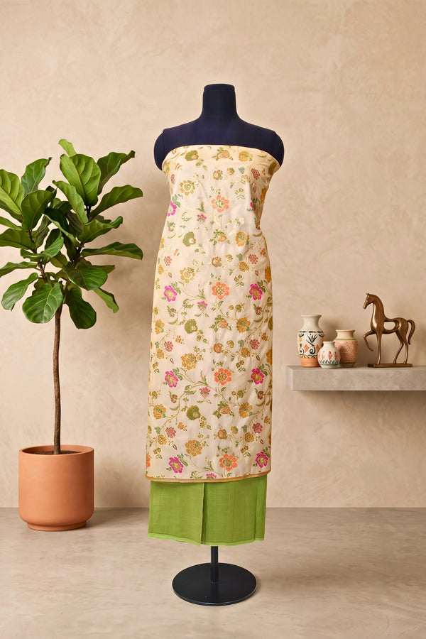 Beige Floral Silk Banarasi Resham Weave Unstitched Suit Material