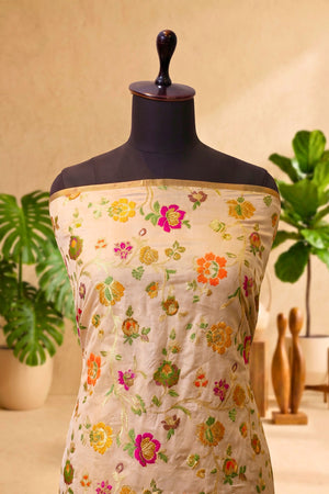 Beige Floral Silk Banarasi Resham Weave Unstitched Suit Material
