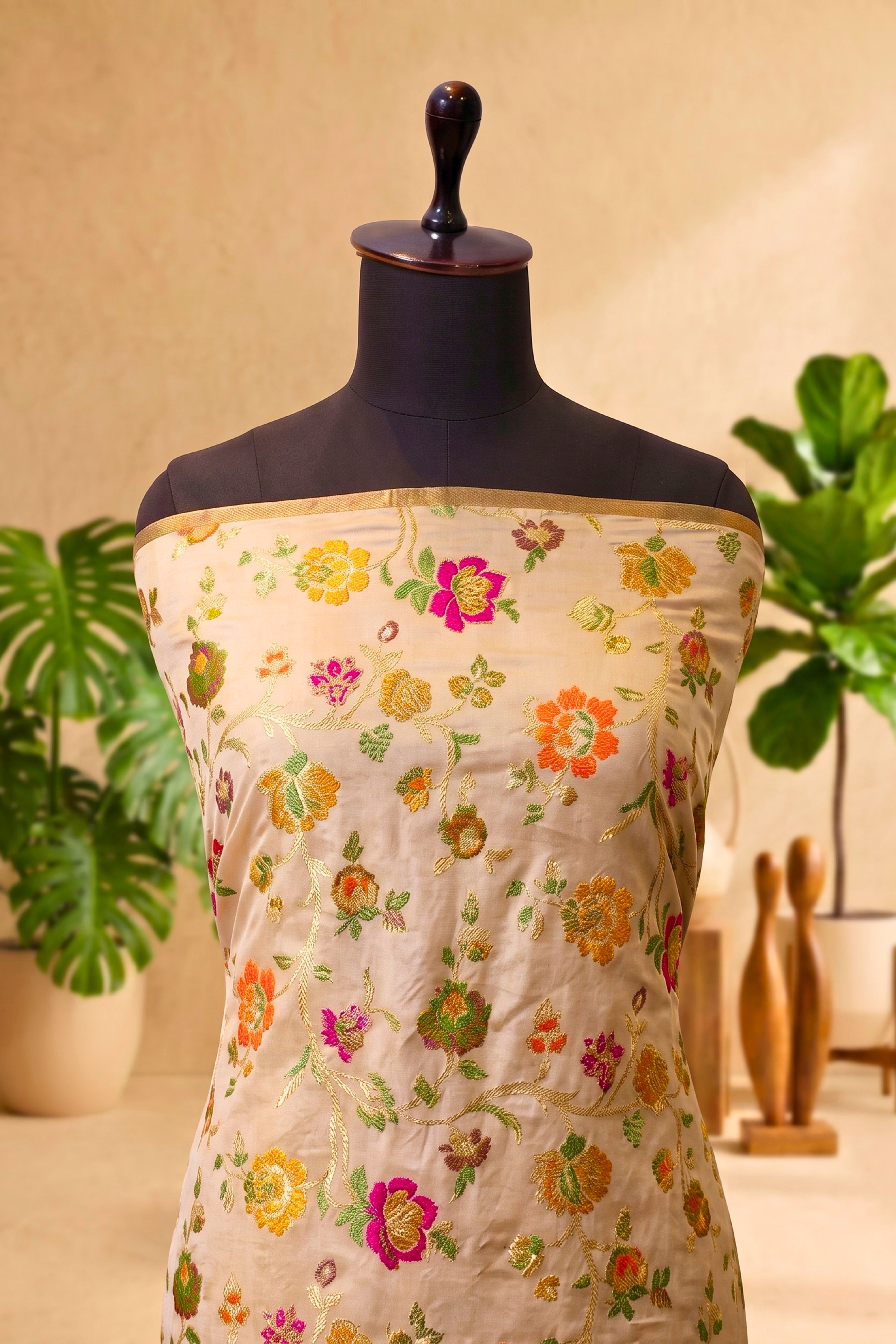 Beige Floral Silk Banarasi Resham Weave Unstitched Suit Material