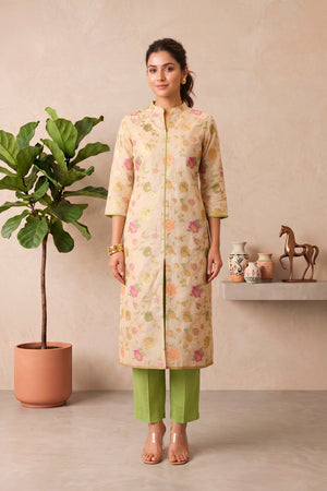 Beige Floral Silk Banarasi Resham Weave Unstitched Suit Material