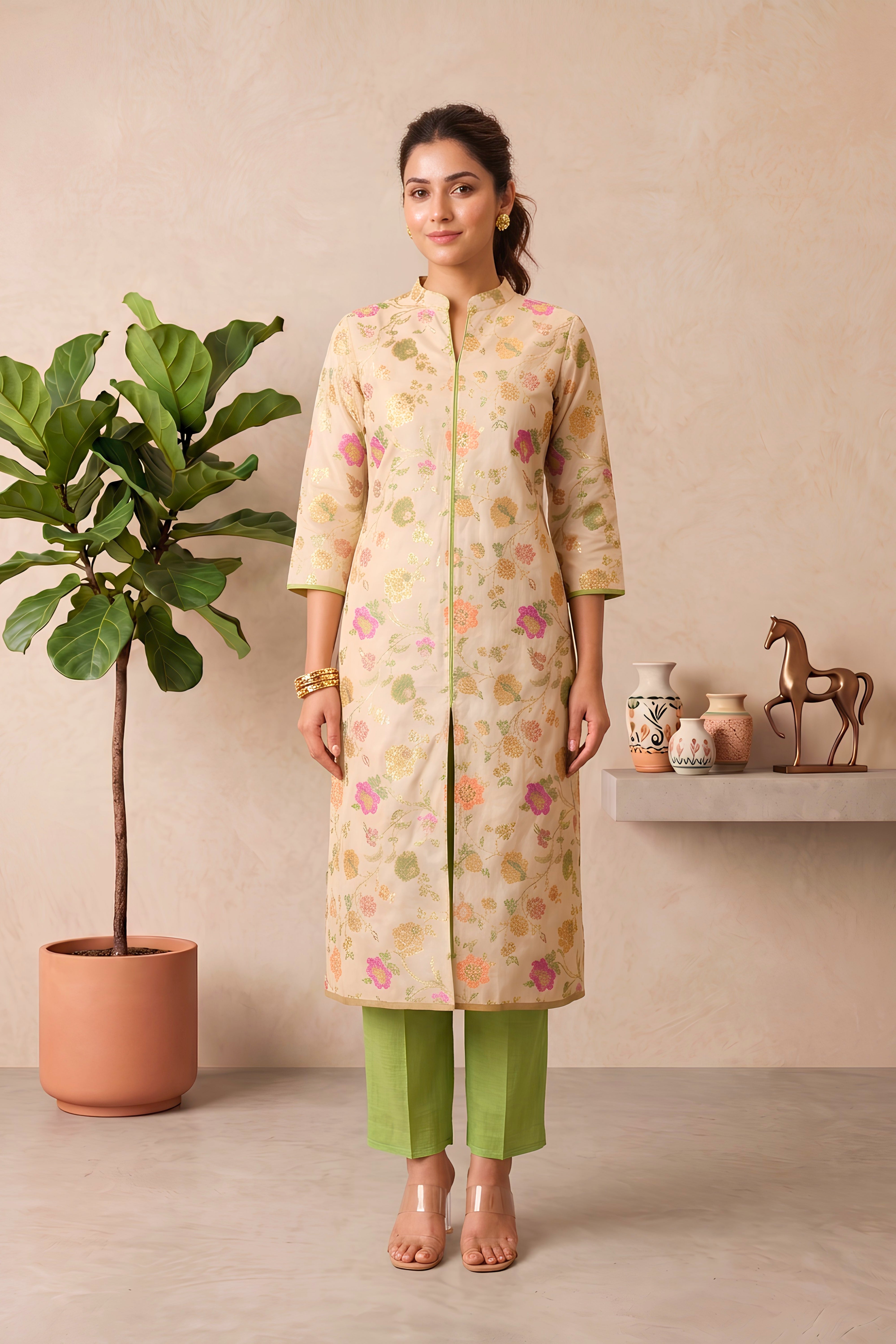 Beige Floral Silk Banarasi Resham Weave Unstitched Suit Material