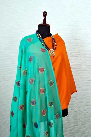Orange Banarasi Suit Set with Teal Green Chiffon Dupatta