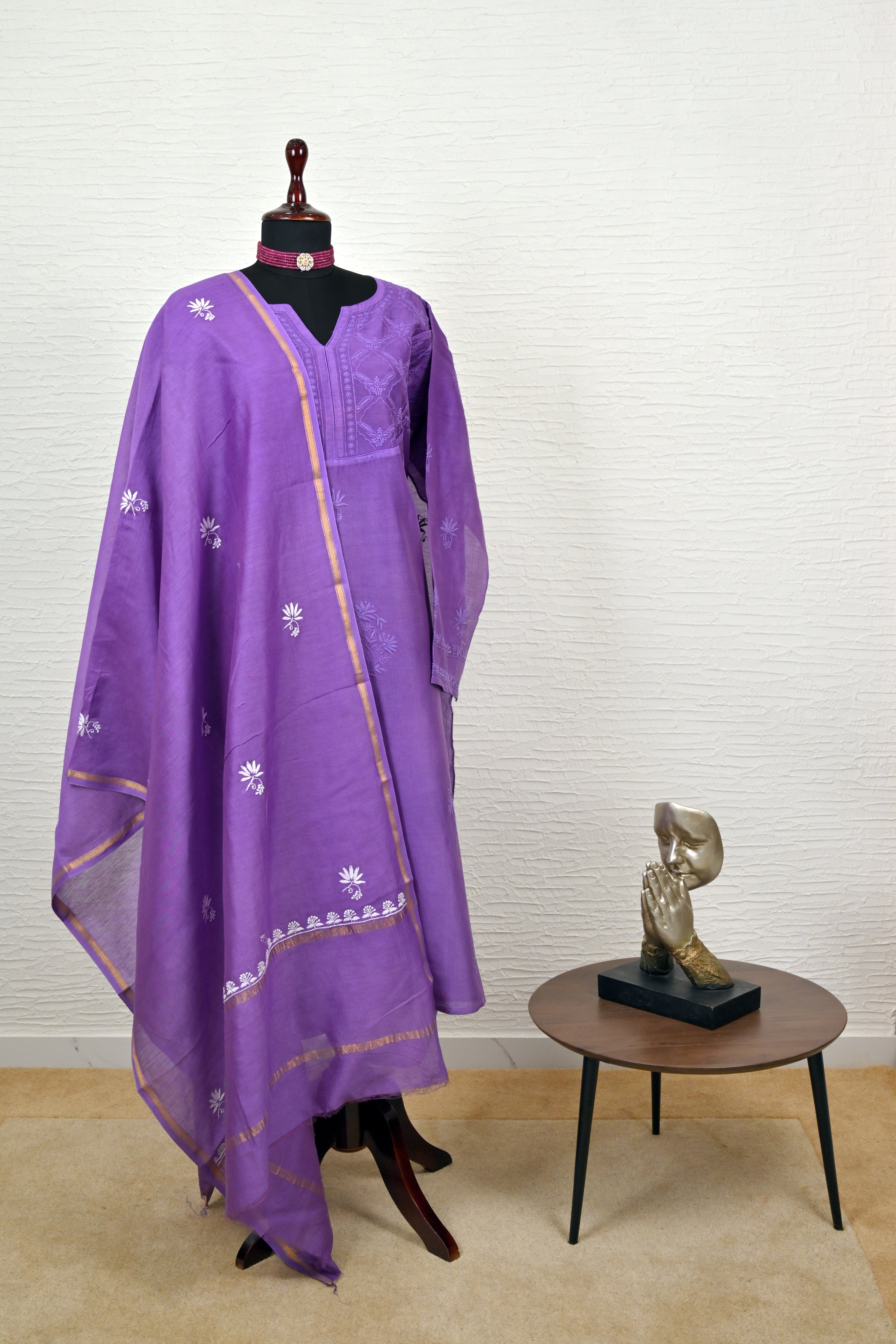 Purple Lucknowi Chikankari Chanderi Silk Unstitched Suit Set
