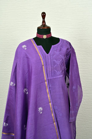 Purple Lucknowi Chikankari Chanderi Silk Unstitched Suit Set