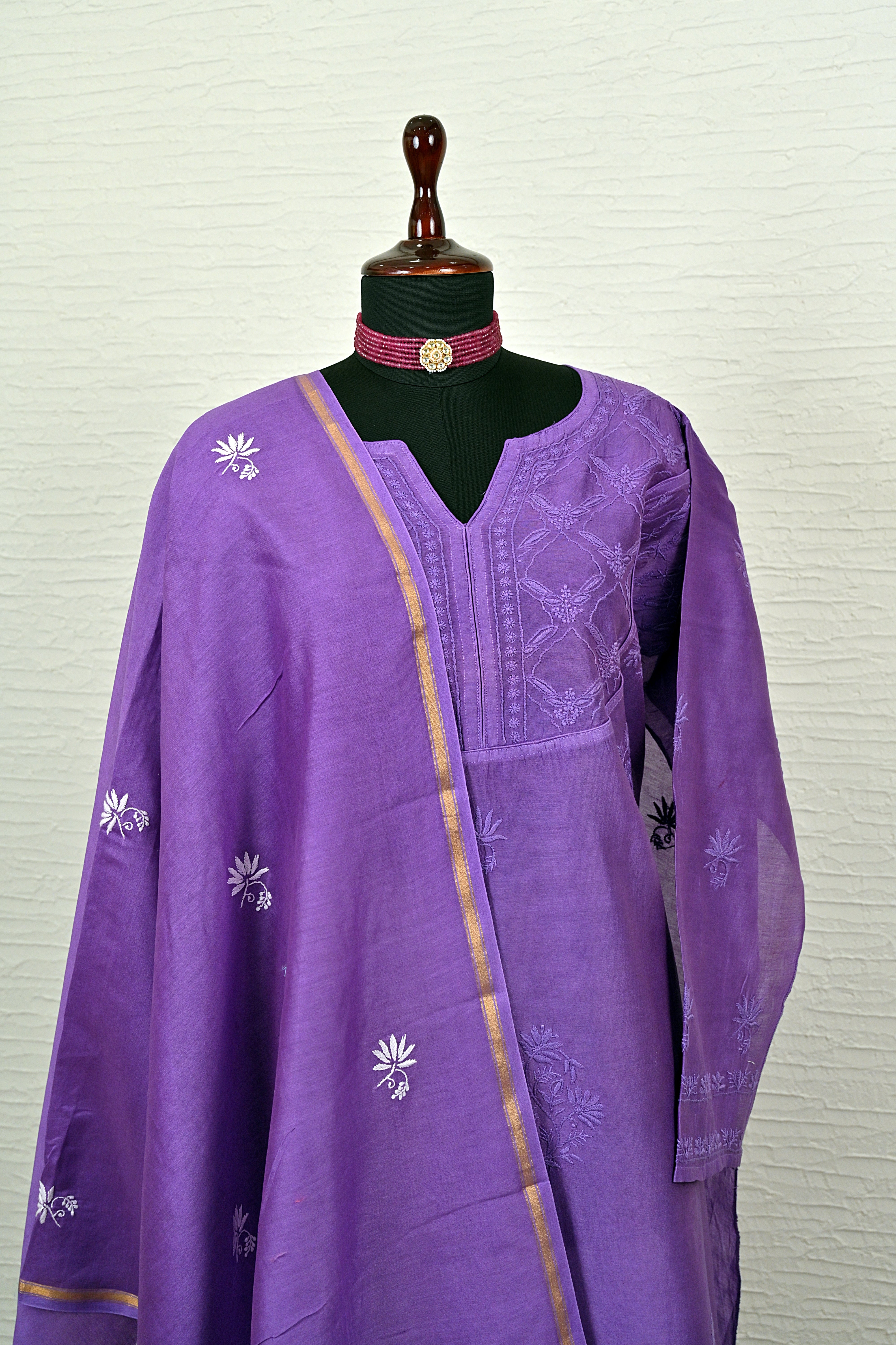 Purple Lucknowi Chikankari Chanderi Silk Unstitched Suit Set