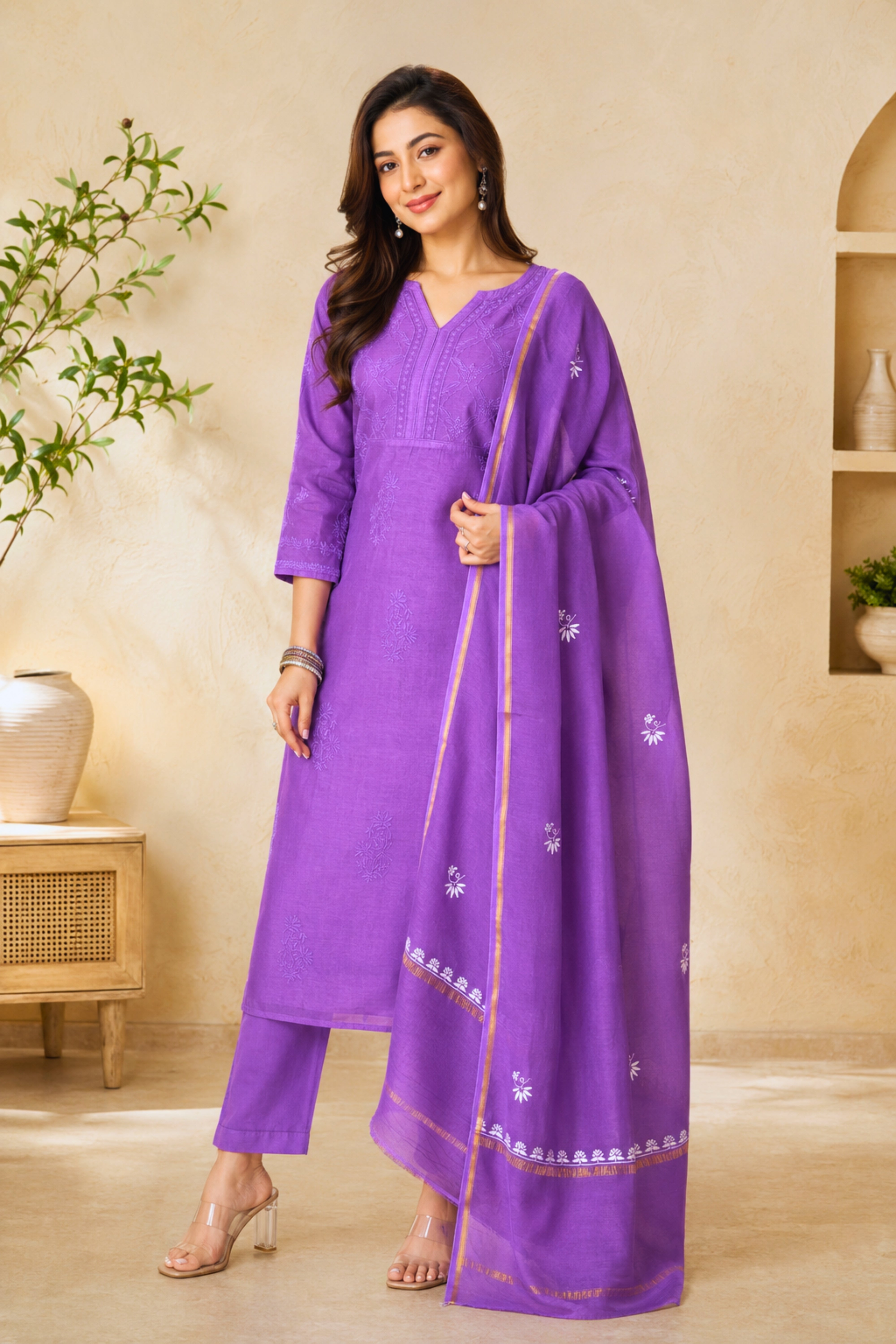 Purple Lucknowi Chikankari Chanderi Silk Unstitched Suit Set