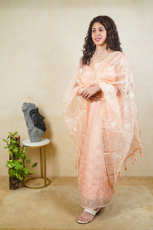 Peach Floral Embroidered Organza Unstitched Suit Set