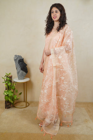 Peach Floral Embroidered Organza Unstitched Suit Set
