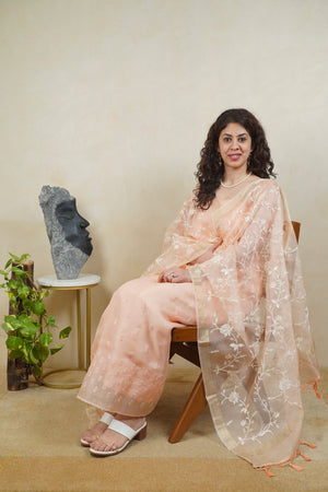 Peach Floral Embroidered Organza Unstitched Suit Set