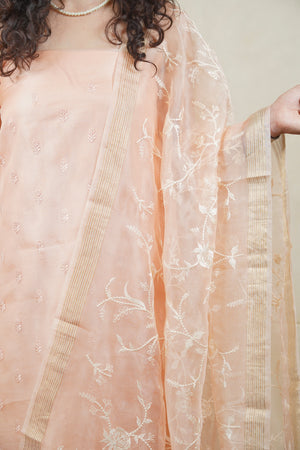 Peach Floral Embroidered Organza Unstitched Suit Set