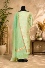 Mint Green Banarasi Soft Raw Silk Unstitched Suit Set with Organza Dupatta