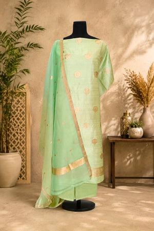 Mint Green Banarasi Soft Raw Silk Unstitched Suit Set with Organza Dupatta
