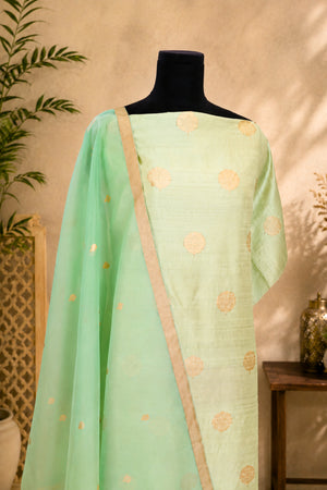 Mint Green Banarasi Soft Raw Silk Unstitched Suit Set with Organza Dupatta
