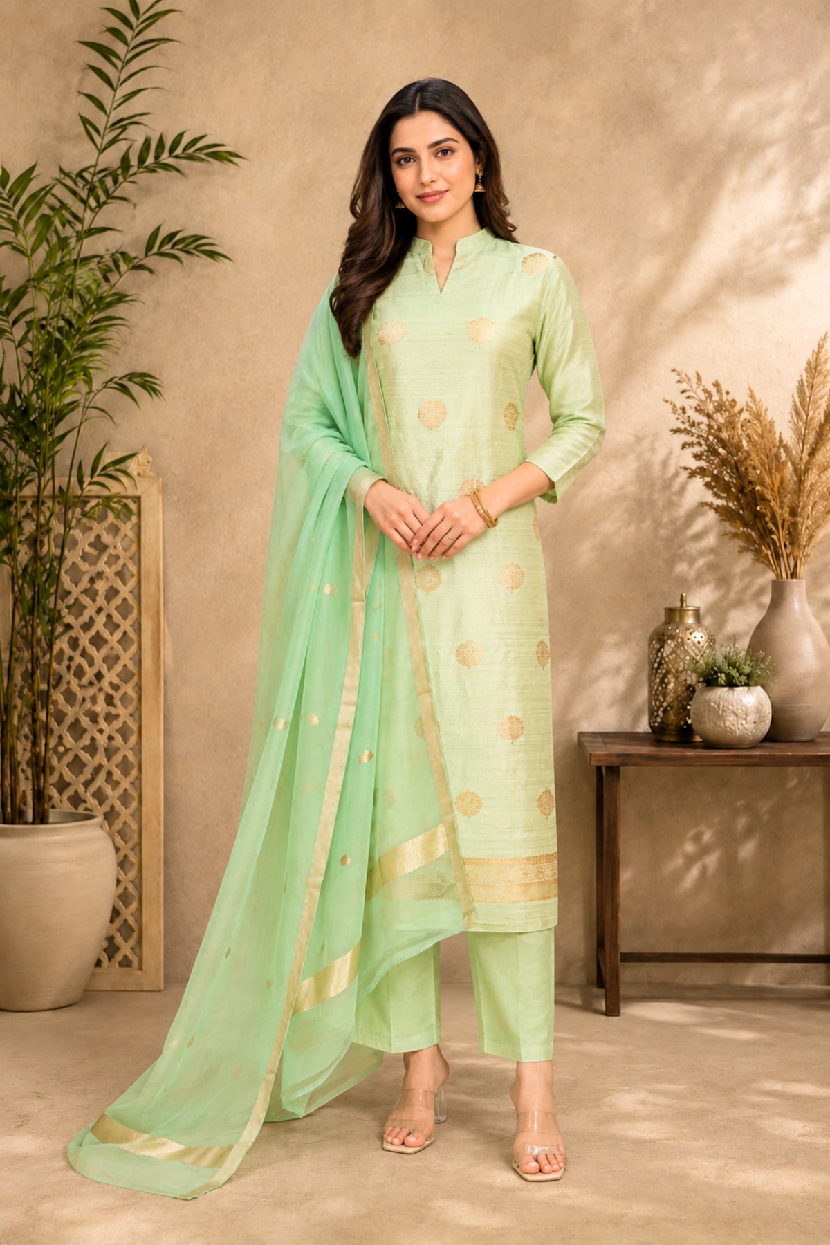 Mint Green Banarasi Soft Raw Silk Unstitched Suit Set with Organza Dupatta