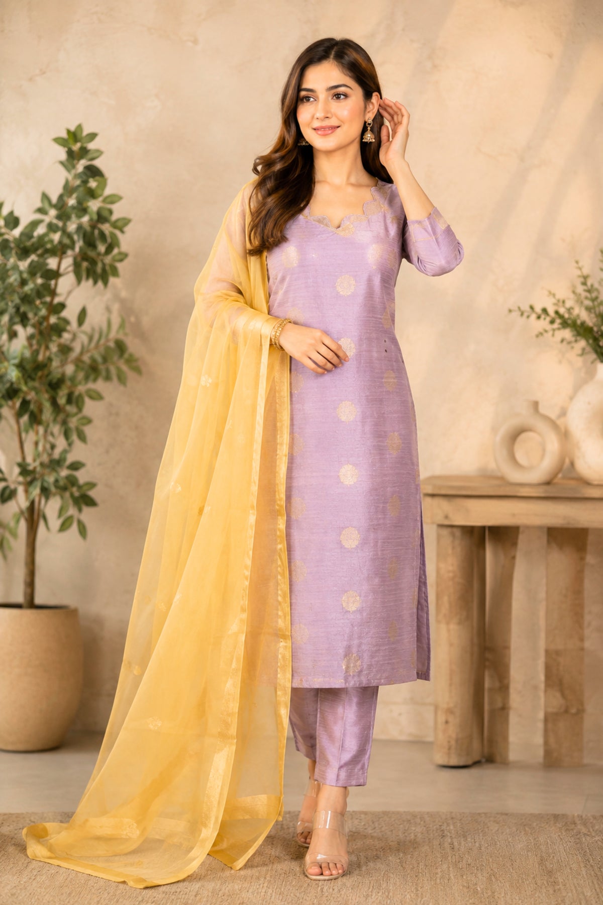 Lavender Banarasi Soft Raw Silk Unstitched Suit Set with Pale Yellow Organza Dupatta