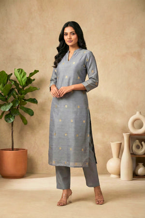 Elegant Slate Grey Banarasi Chiniya Silk Unstitched Suit Material