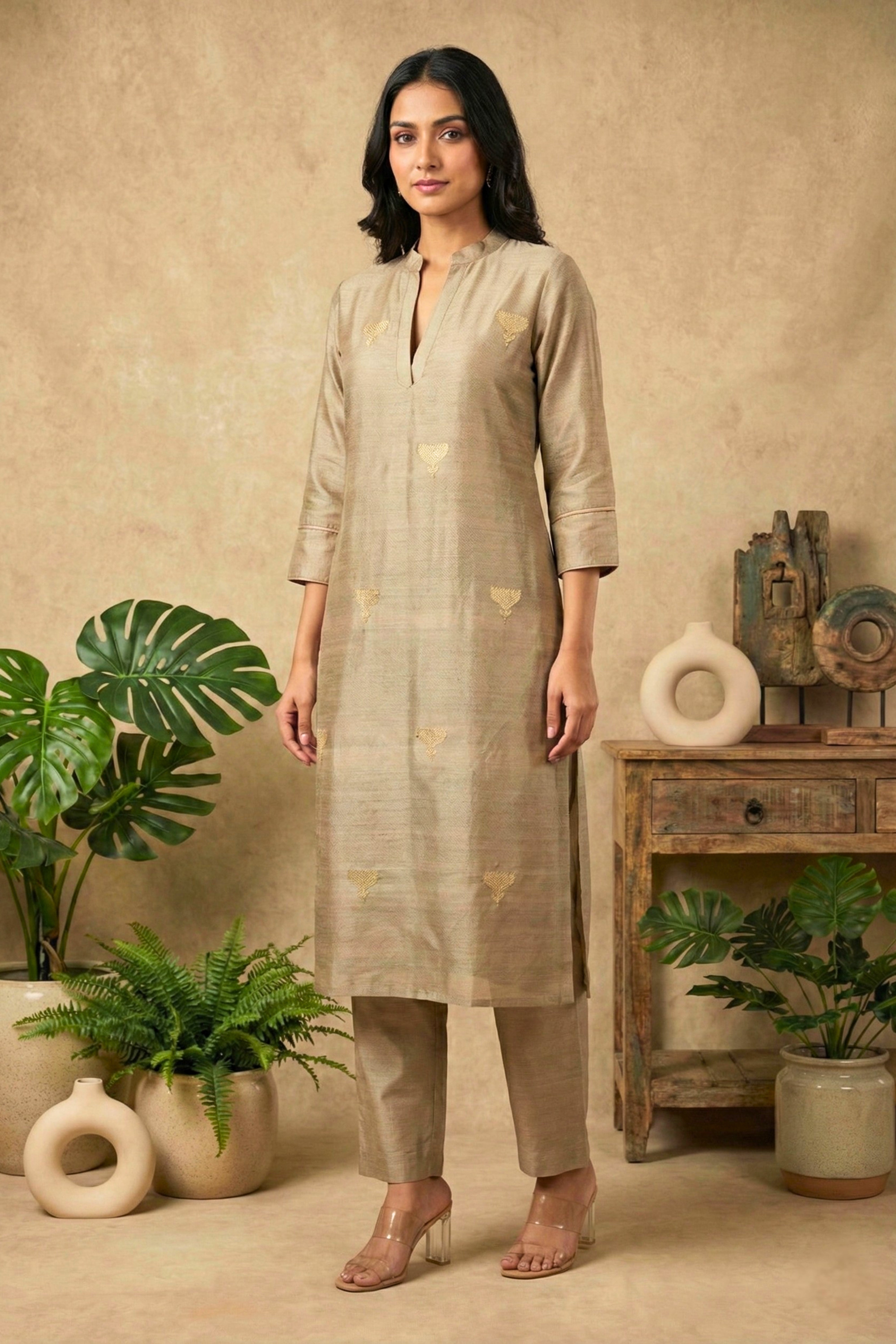 Elegant Champagne Beige Banarasi Chiniya Silk Unstitched Suit Material