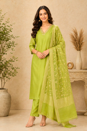 Monochrome Mehendi Green Silk Unstitched Suit Set with Banarasi Moonga Silk Dupatta