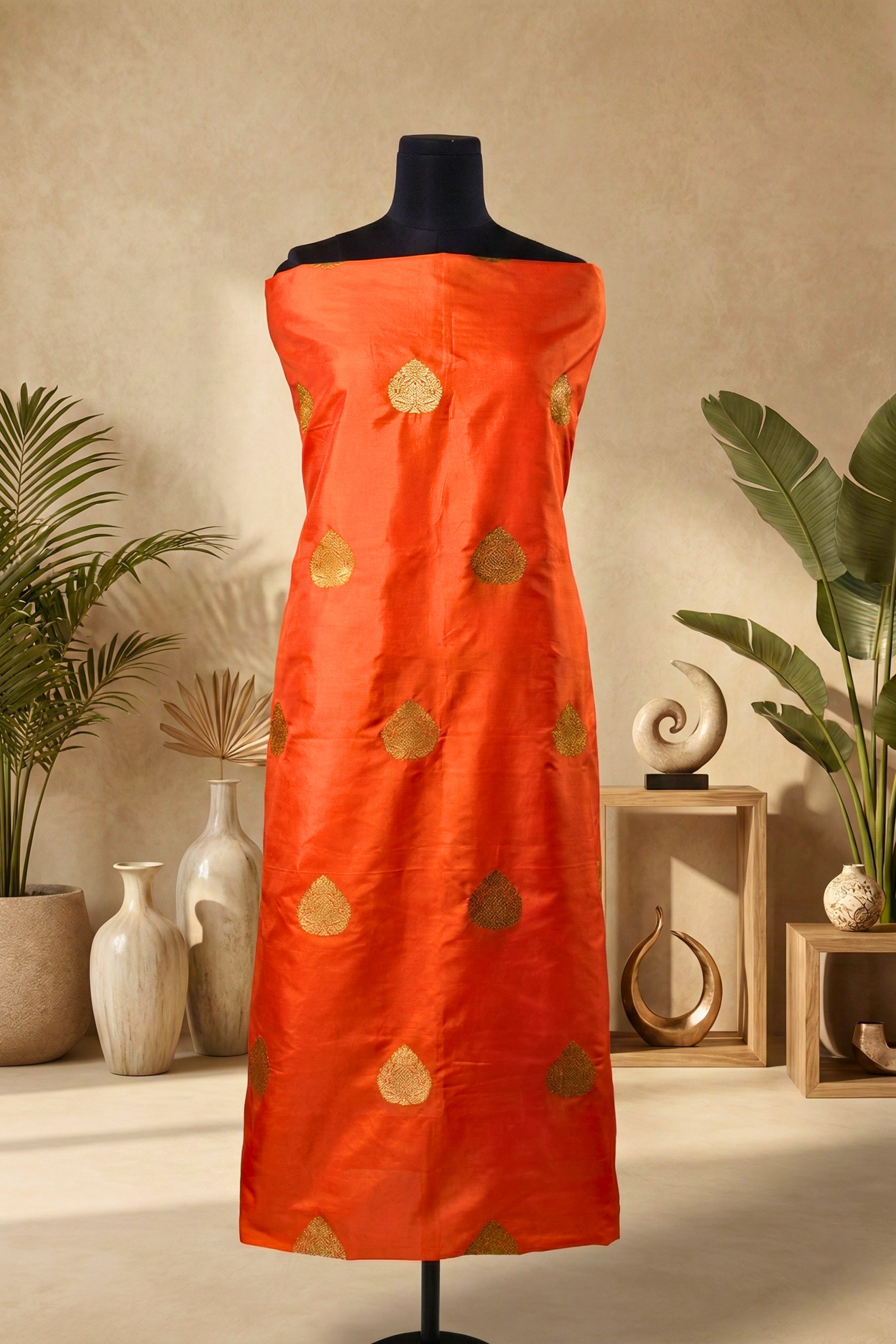 Radiant Orange Pure Banarasi Silk Unstitched Kurta Material