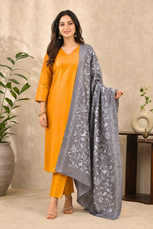 Mustard Yellow Silk Suit with Grey Kantha Dupatta