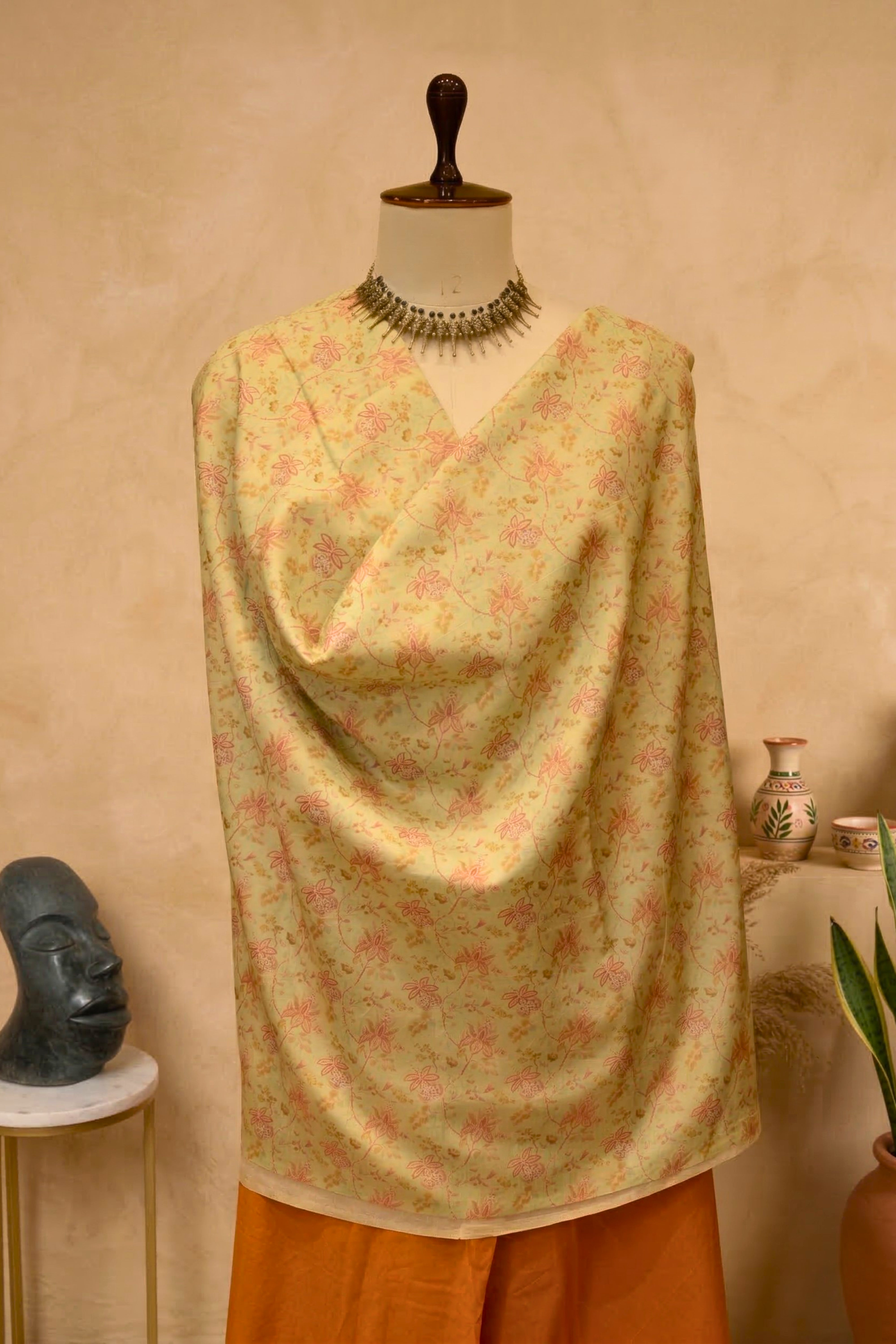 Pastel Olive Floral Muslin Chanderi & Rust Cotton Unstitched Palazzo Set