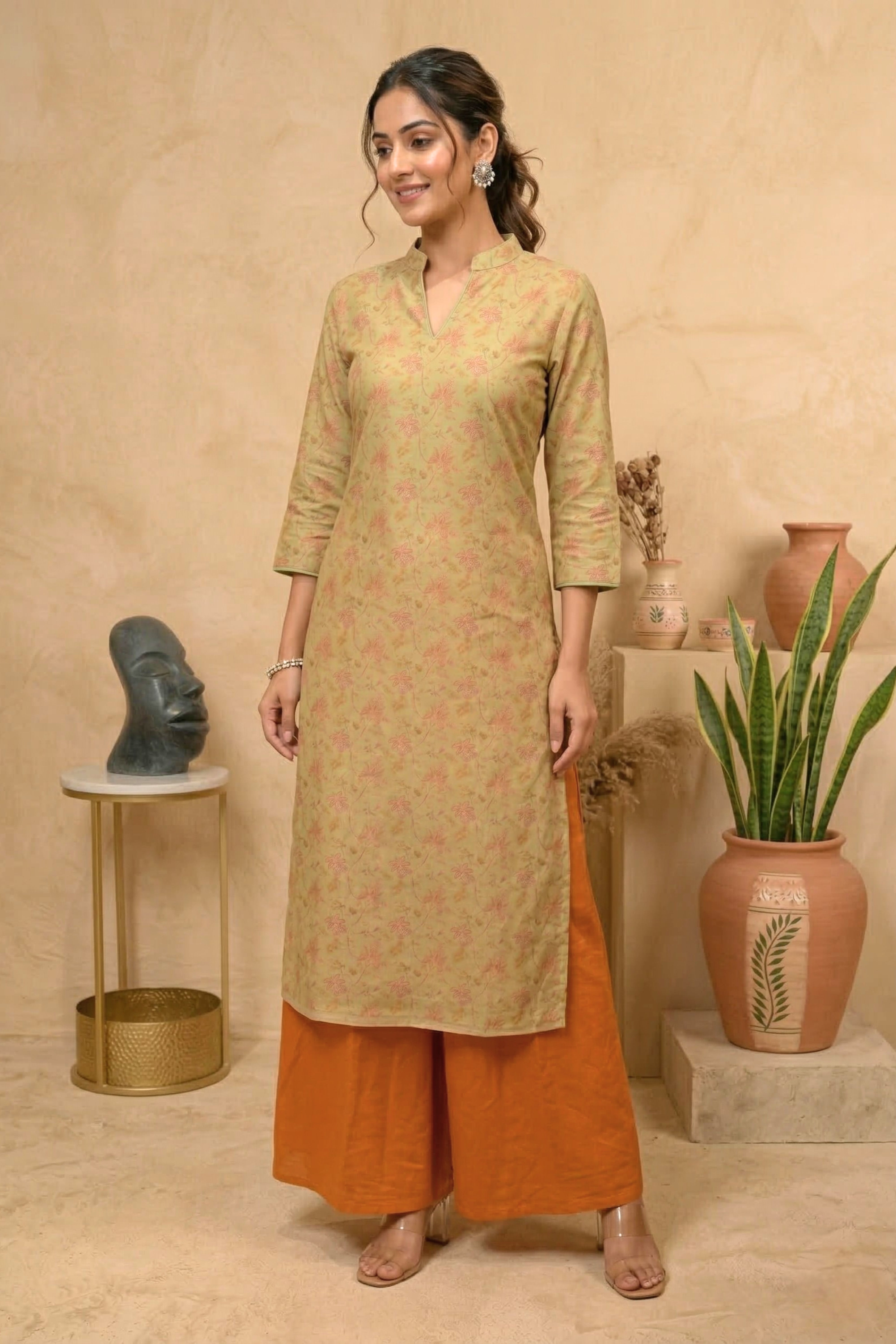 Pastel Olive Floral Muslin Chanderi & Rust Cotton Unstitched Palazzo Set