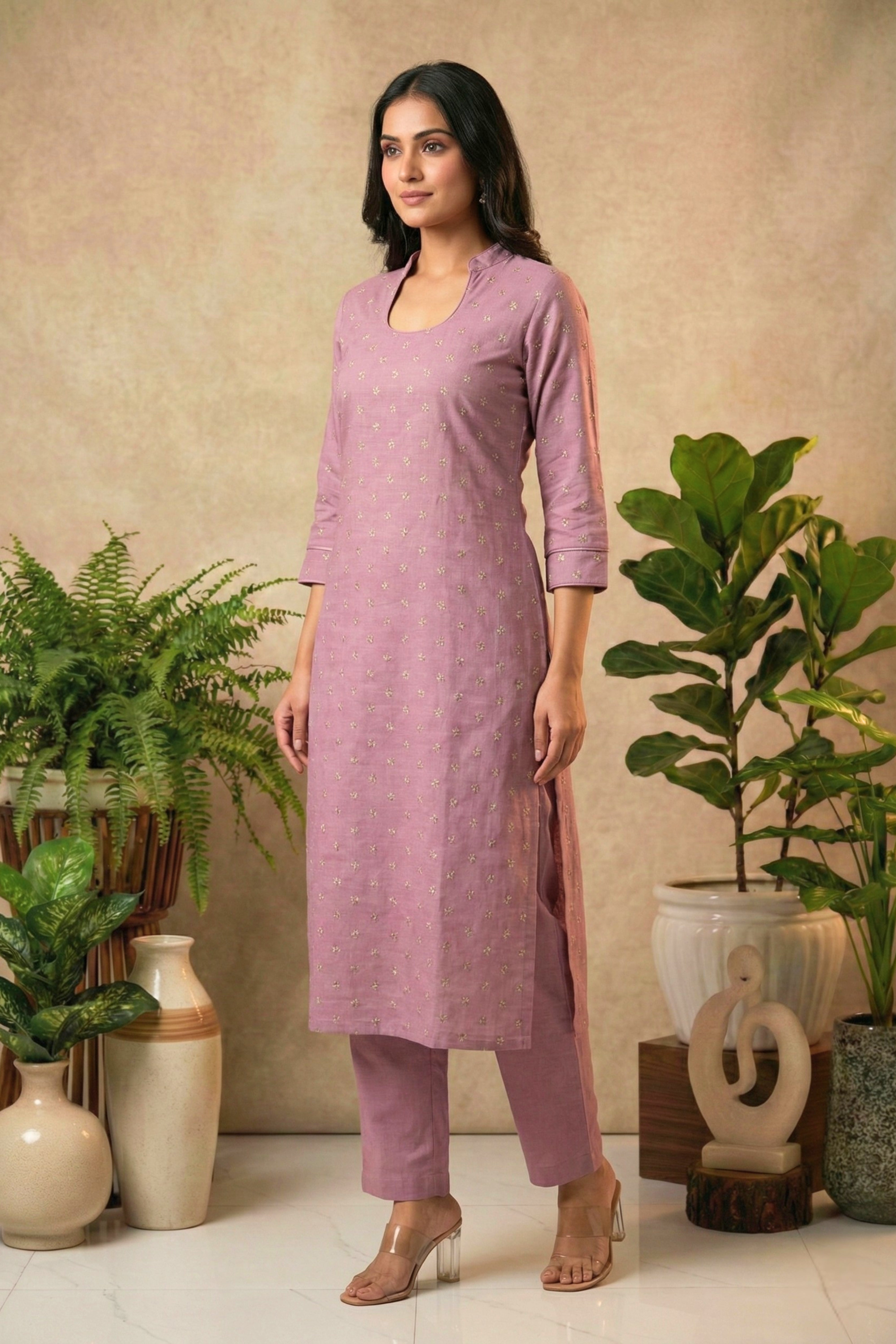 Elegant Mauve Pink Chanderi Silk Unstitched Suit Set