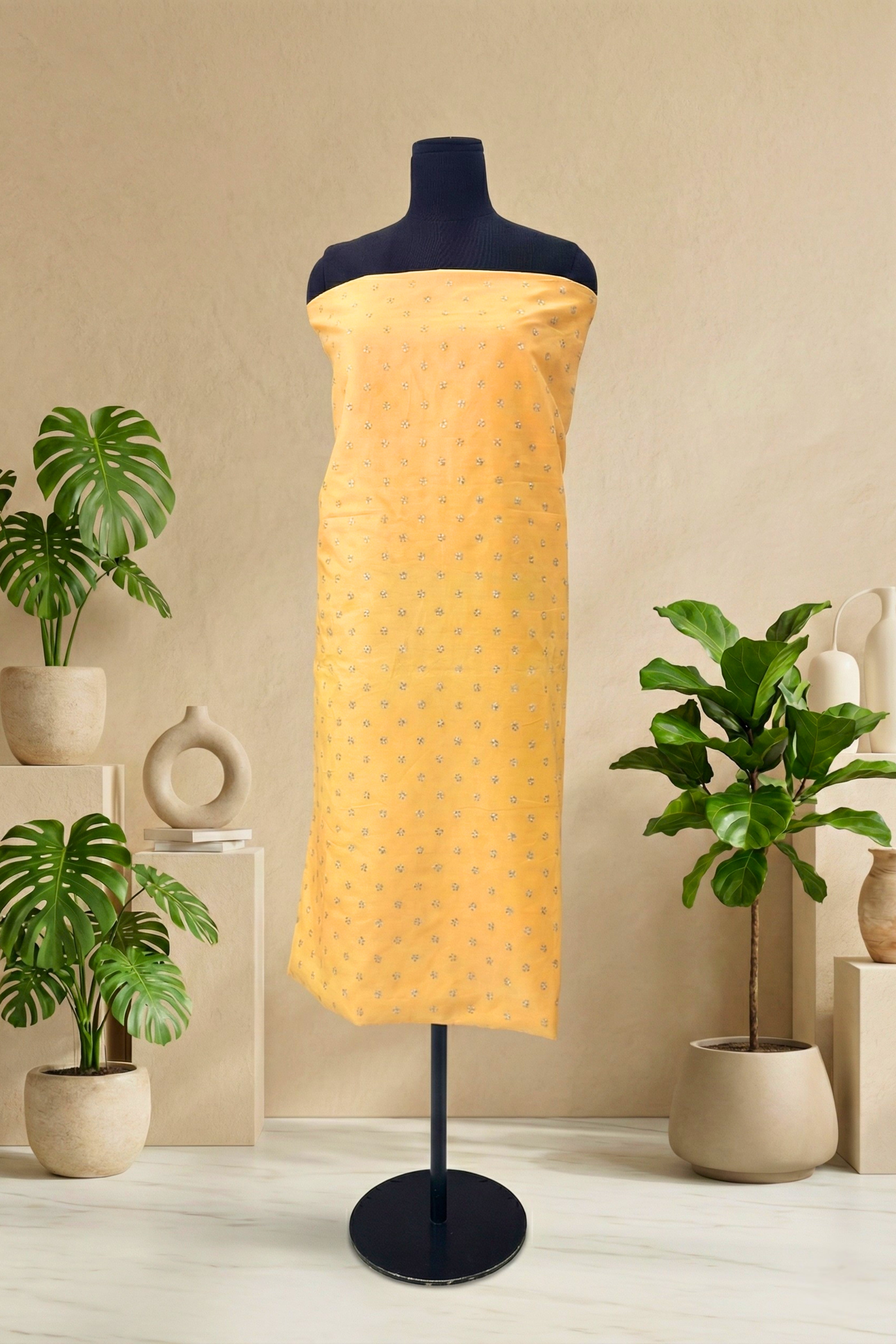 Cheerful Yellow Chanderi Unstitched Suit Set