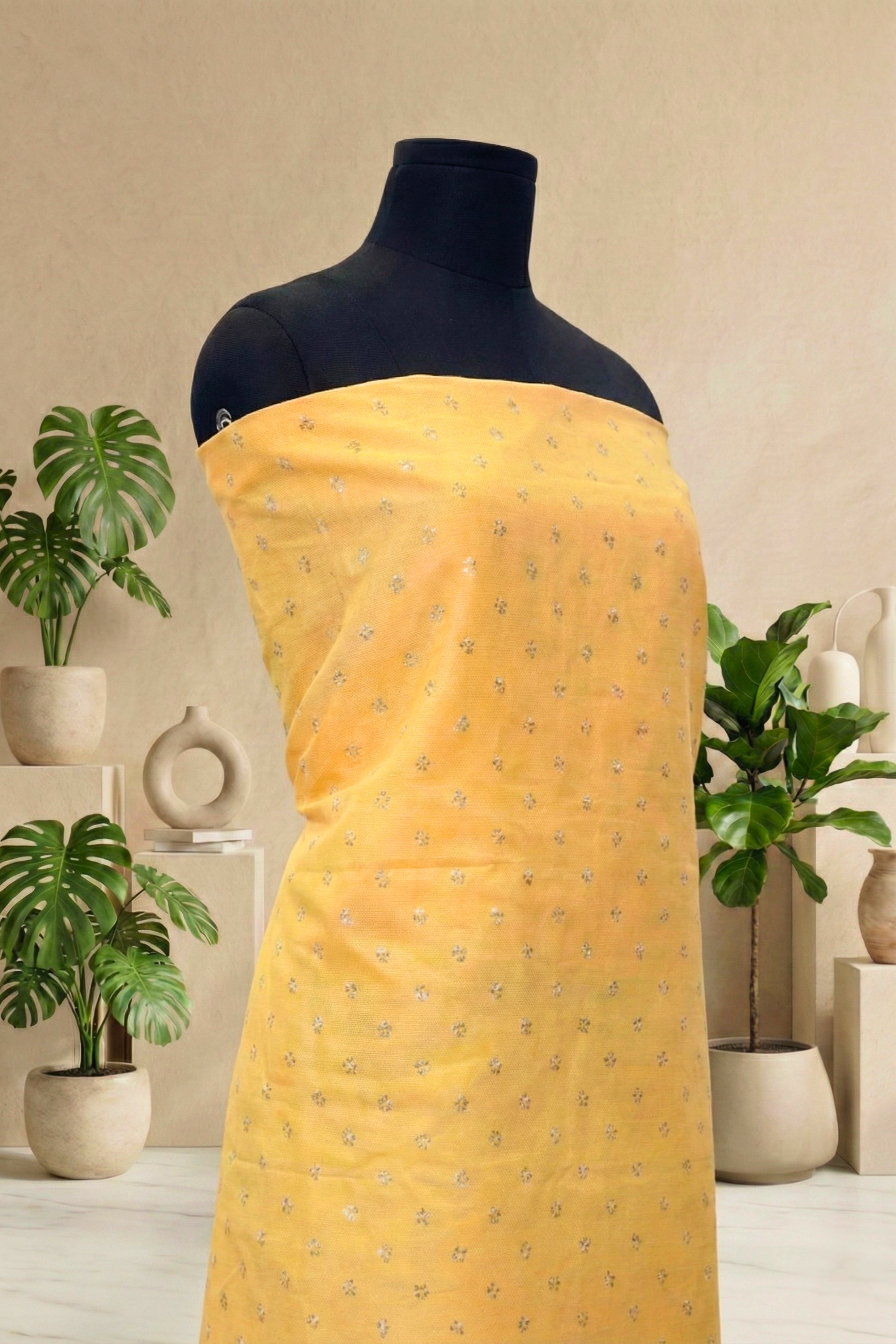 Cheerful Yellow Chanderi Unstitched Suit Set