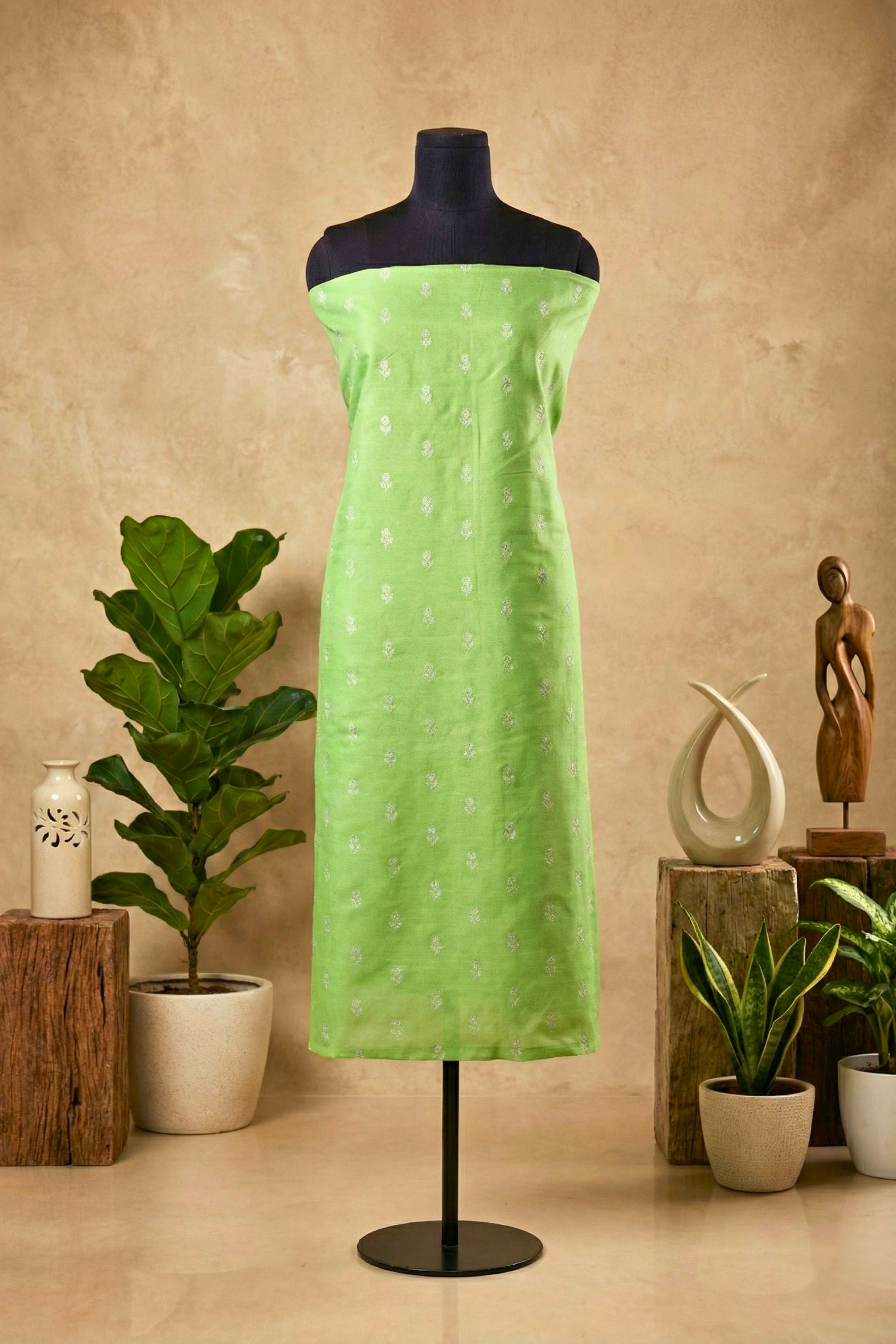 Refreshing Lime Green Chanderi Unstitched Suit Set
