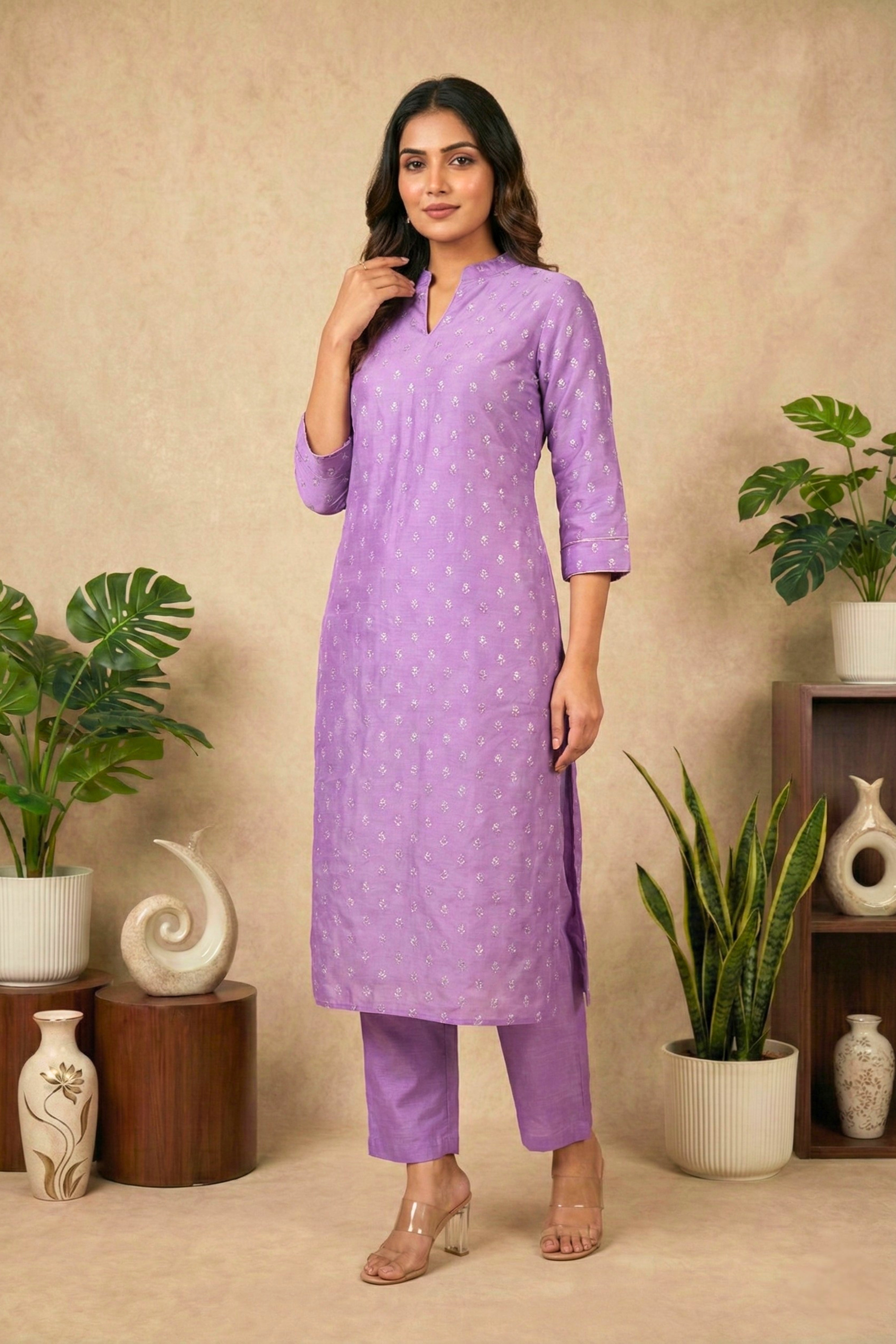 Elegant Lilac Chanderi Unstitched Suit Set