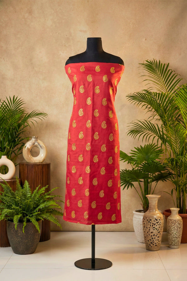 Vibrant Red Chanderi Unstitched Suit Set with Golden Paisley Motifs