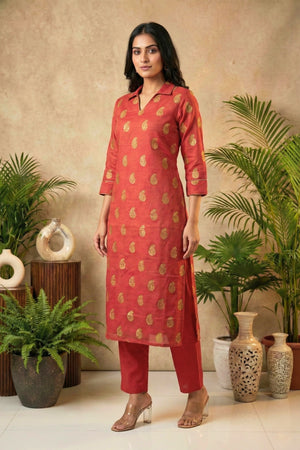 Vibrant Red Chanderi Unstitched Suit Set with Golden Paisley Motifs