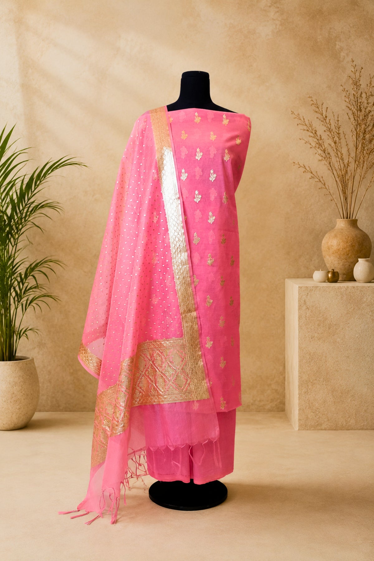 Fuchsia Pink Chanderi Silk Unstitched Suit Set with Organza Dupatta by Label Tamanna