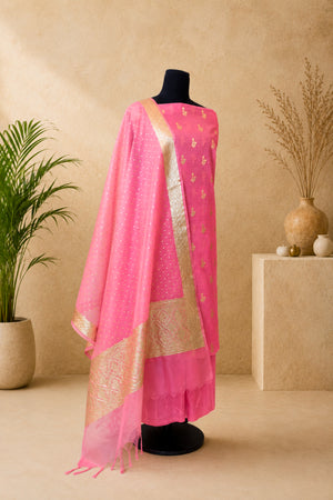 Fuchsia Pink Chanderi Silk Unstitched Suit Set with Organza Dupatta by Label Tamanna