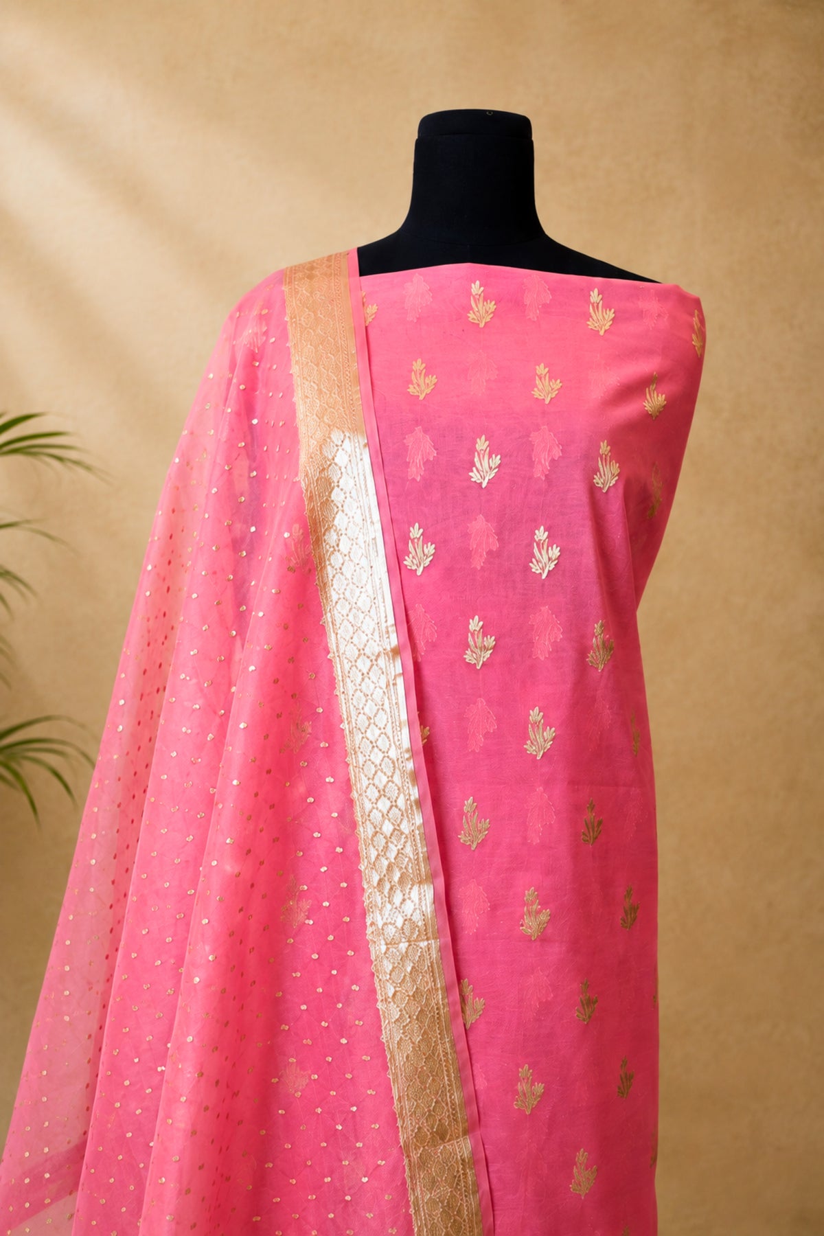 Fuchsia Pink Chanderi Silk Unstitched Suit Set with Organza Dupatta by Label Tamanna