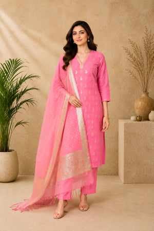 Fuchsia Pink Chanderi Silk Unstitched Suit Set with Organza Dupatta by Label Tamanna