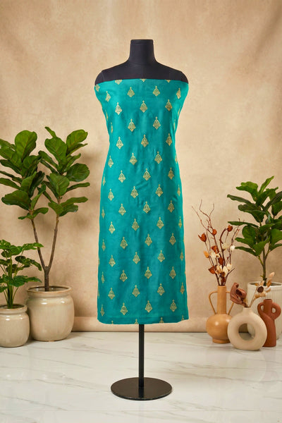 Teal Green Chanderi Unstitched Suit Set with Gold Motifs