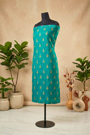 Teal Green Chanderi Unstitched Suit Set with Gold Motifs
