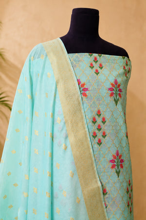 Aqua Blue Chanderi Resham Weave Unstitched Suit Set with Kantha Dupatta by Label Tamanna
