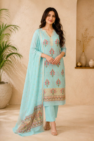 Aqua Blue Chanderi Resham Weave Unstitched Suit Set with Kantha Dupatta by Label Tamanna