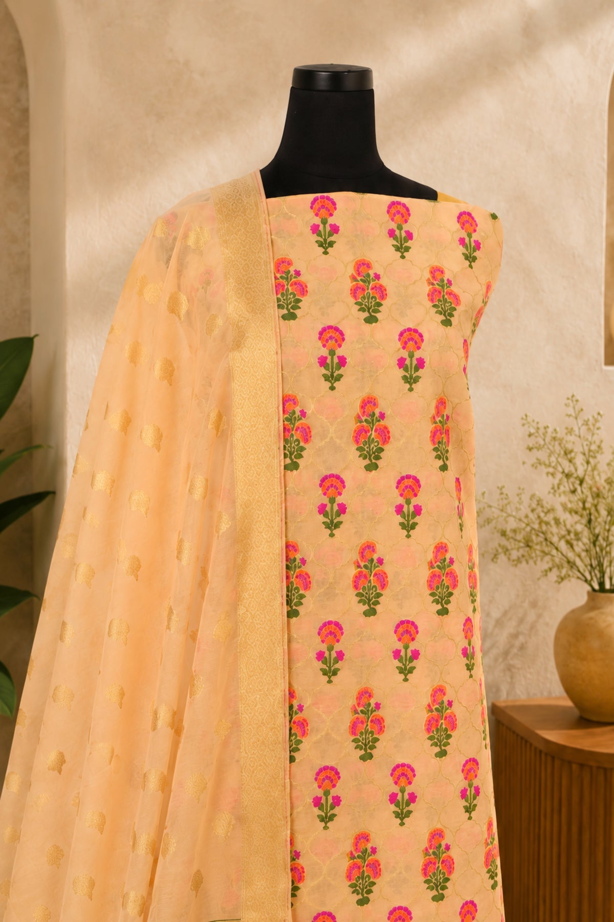 Soft Peach Chanderi Resham Weave Unstitched Suit Set by Label Tamanna