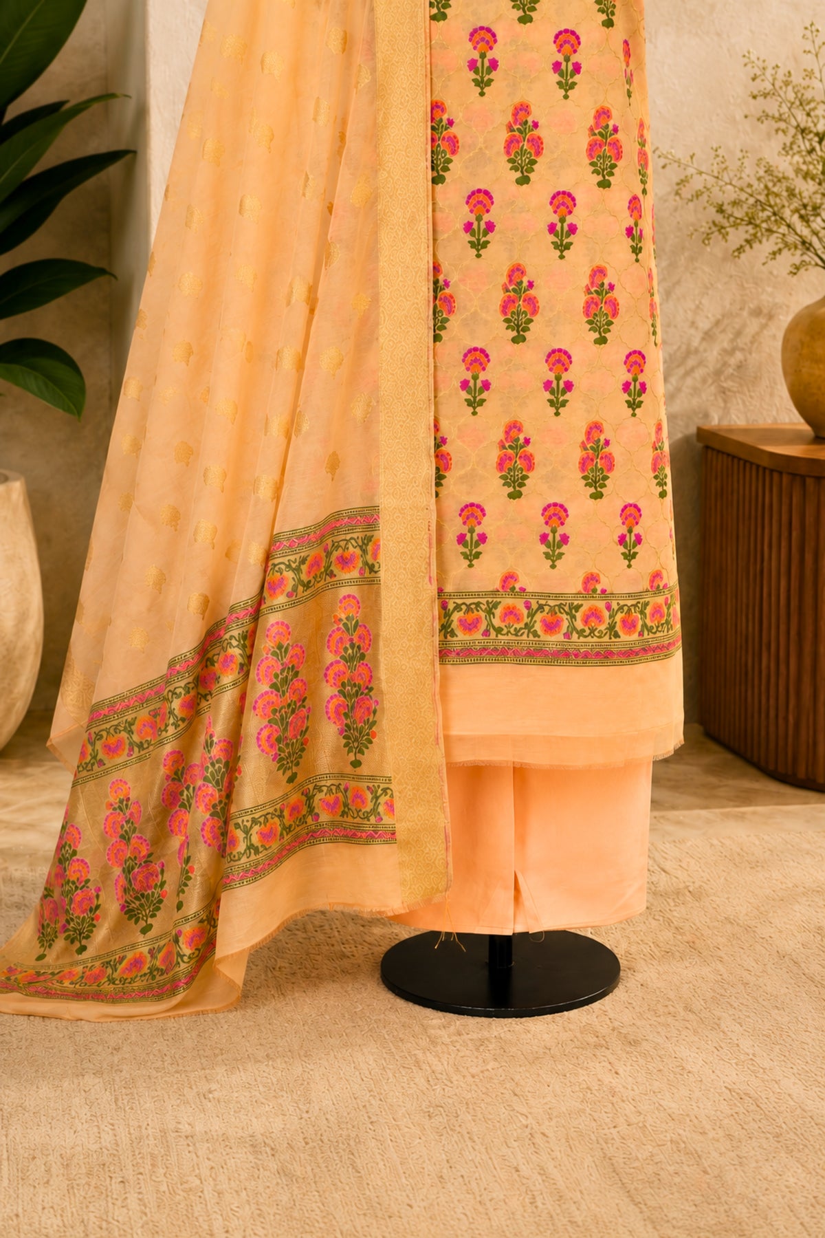 Soft Peach Chanderi Resham Weave Unstitched Suit Set by Label Tamanna