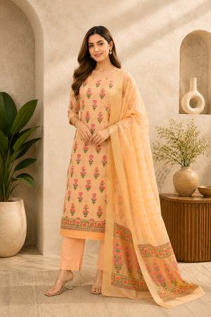 Soft Peach Chanderi Resham Weave Unstitched Suit Set by Label Tamanna