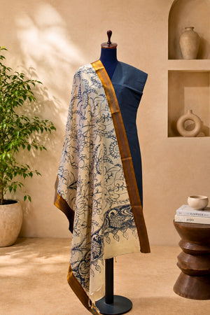 Black Crepe Silk Unstitched Suit Set with Kalamkari Print Dupatta by Label Tamanna