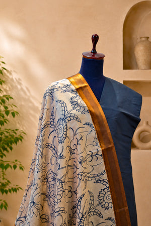 Black Crepe Silk Unstitched Suit Set with Kalamkari Print Dupatta by Label Tamanna