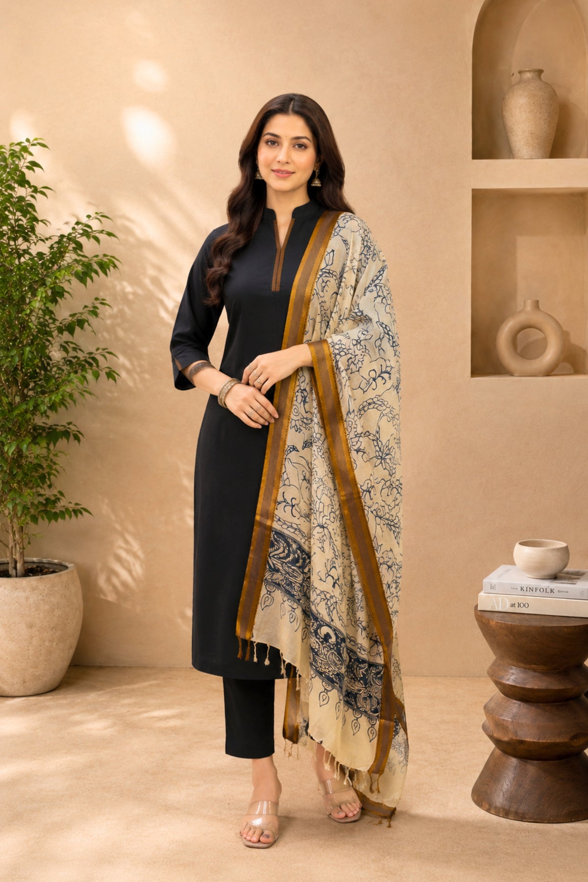 Black Crepe Silk Unstitched Suit Set with Kalamkari Print Dupatta by Label Tamanna