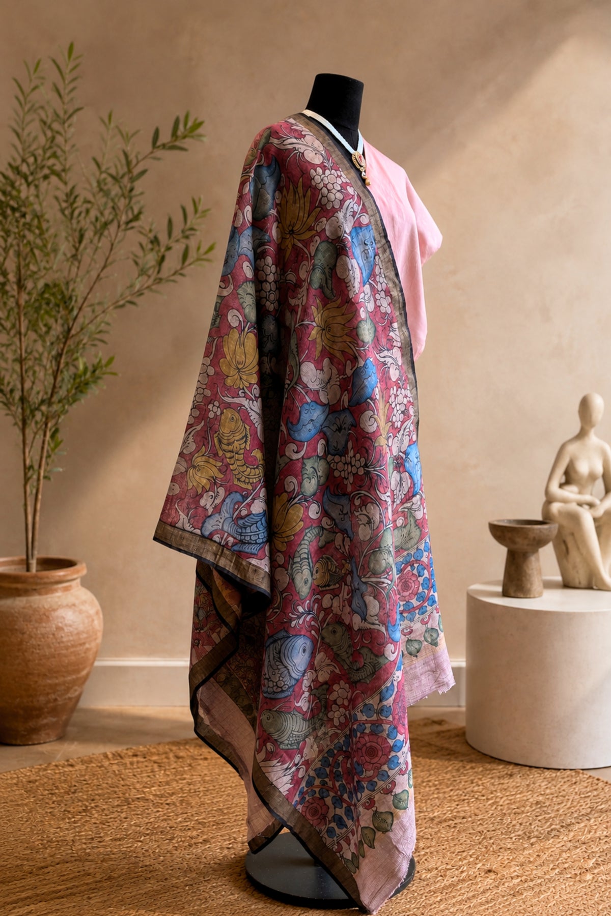 Soft Pink Silk Unstitched Suit Set with Vibrant Kalamkari Print Dupatta by Label Tamanna